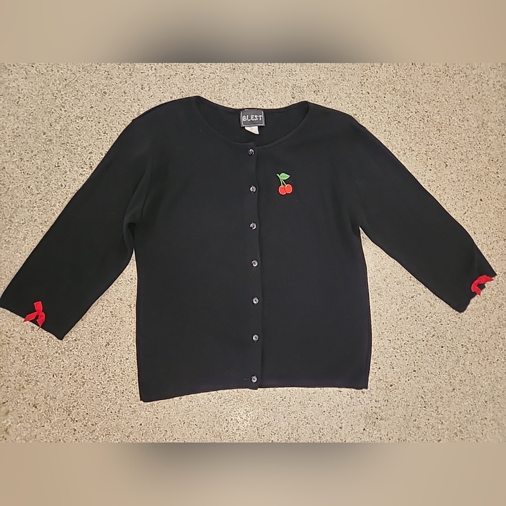 VTG Y2K Blest Cardigan Sweater Black with Cherries 3/4 Sleeve Women's 2X